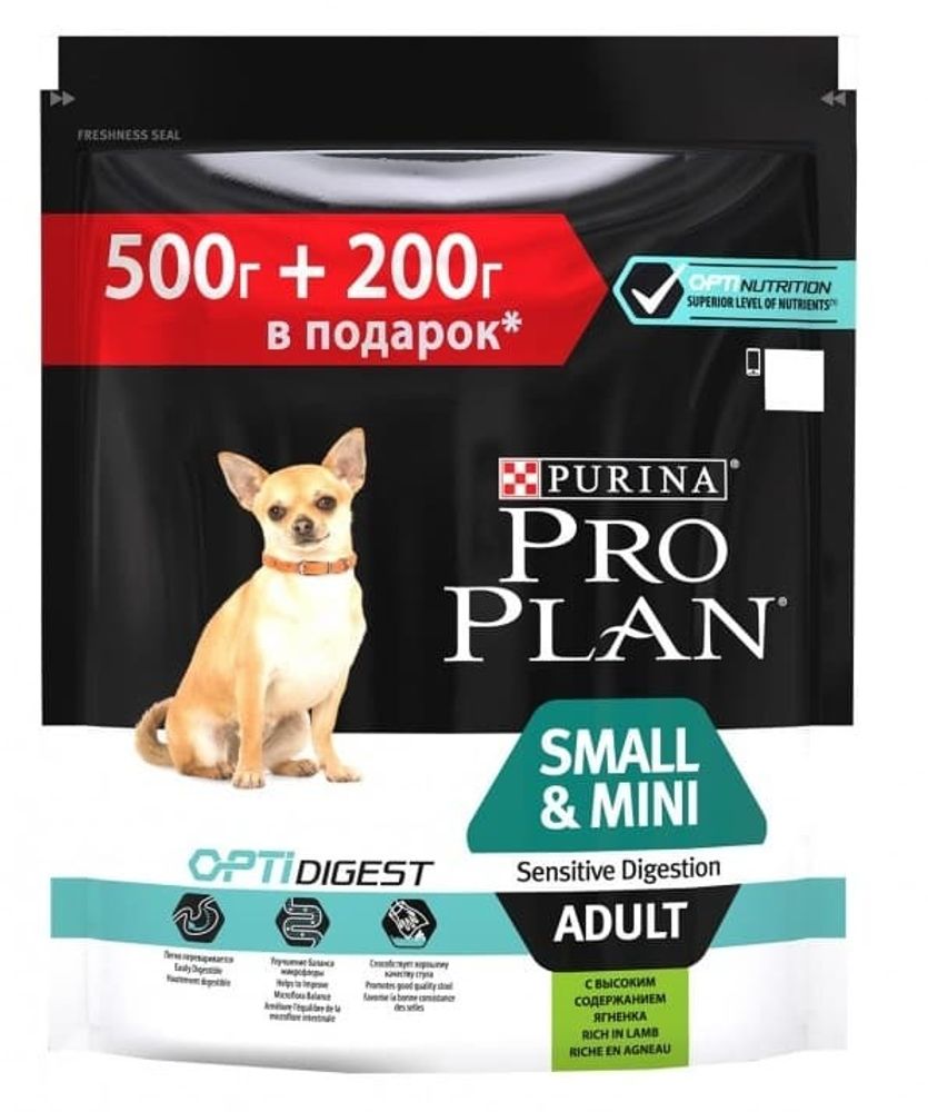 Pro Plan 500+200г adult OptiDigest mini для собак мелких пород с чувст. пищевар.Ягненок