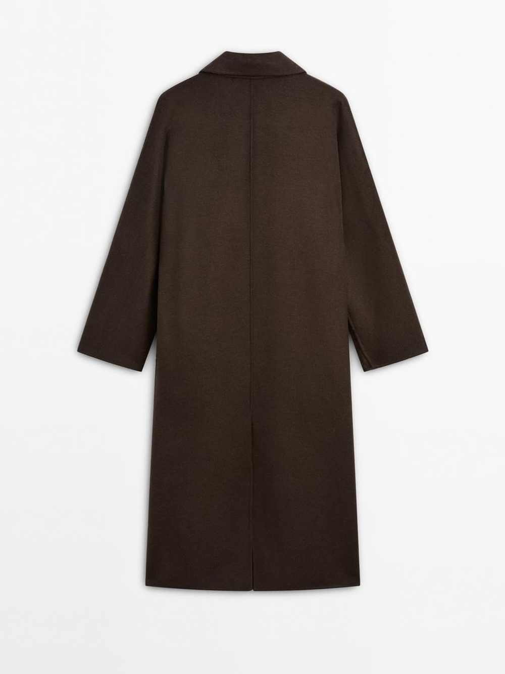 Massimo Dutti Длинное двубортное пальто из смесовой шерсти, шоколадный