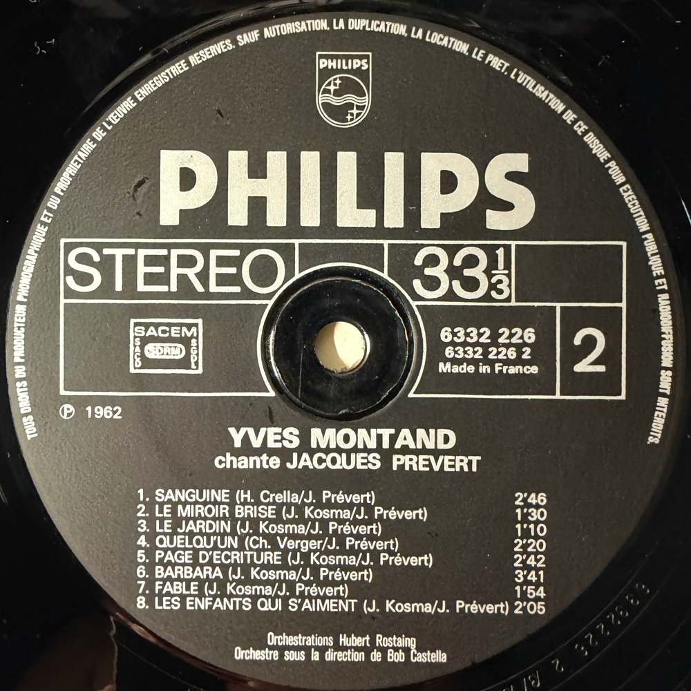 Yves Montand ‎– Montand Chante Prévert (Франция) Т