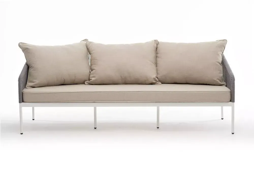 "Канны" диван 3-местный плетеный из роупа, каркас алюминий белый муар, роуп светло-серый круглый, ткань бежевая 15052