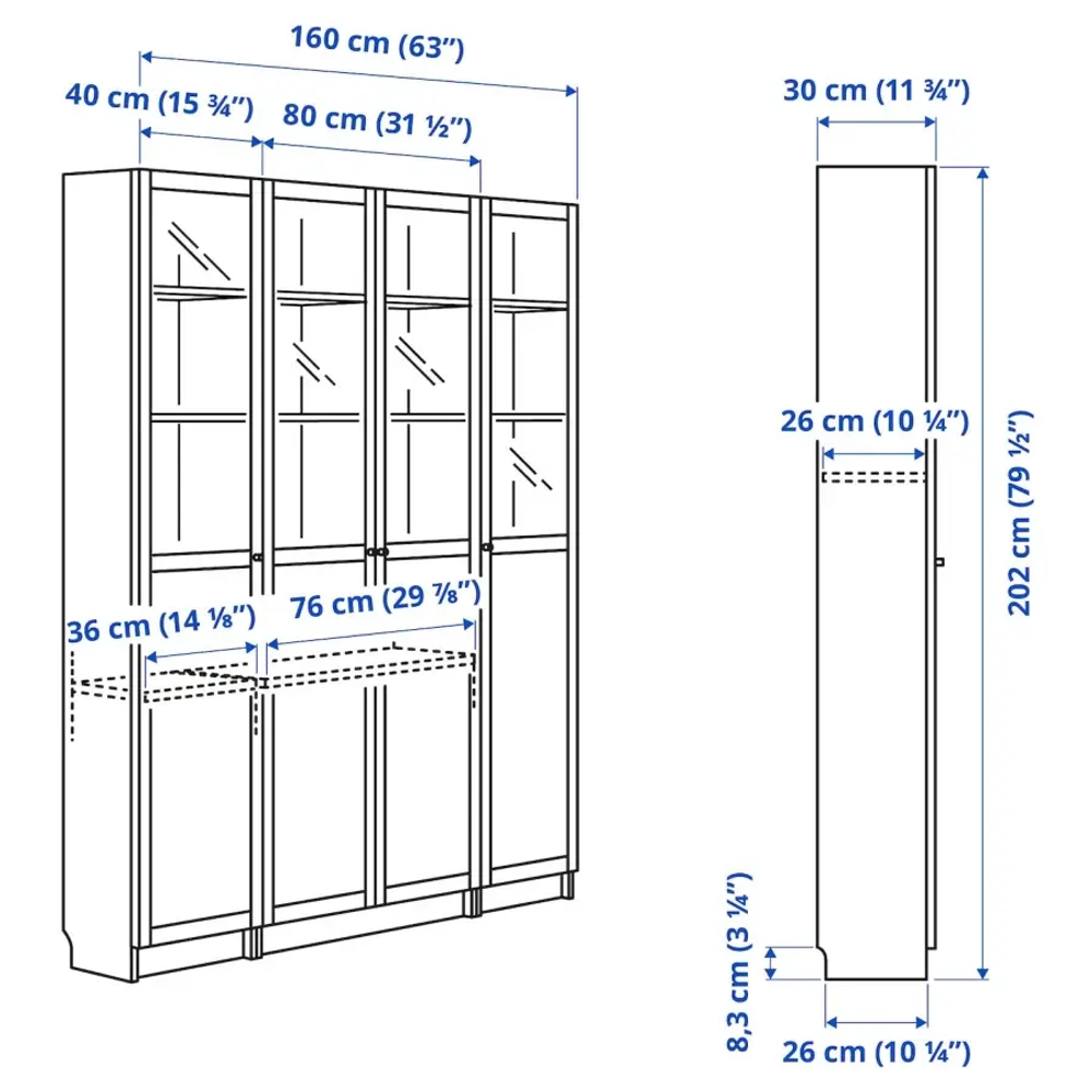 Книжный шкаф -  BILLY / OXBERG IKEA/ БИЛЛИ/ ОКСБЕРГ ИКЕА, 160х202 см,  под беленый дуб