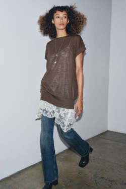 ZARA ТРИКОТАЖНОЕ ПЛАТЬЕ С КОМБИНИРОВАННОЙ ОТДЕЛКОЙ, СЕРО-КОРИЧНЕВЫЙ