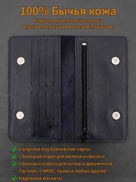 Кошелек из натуральной кожи темно синий  Хитрый лис