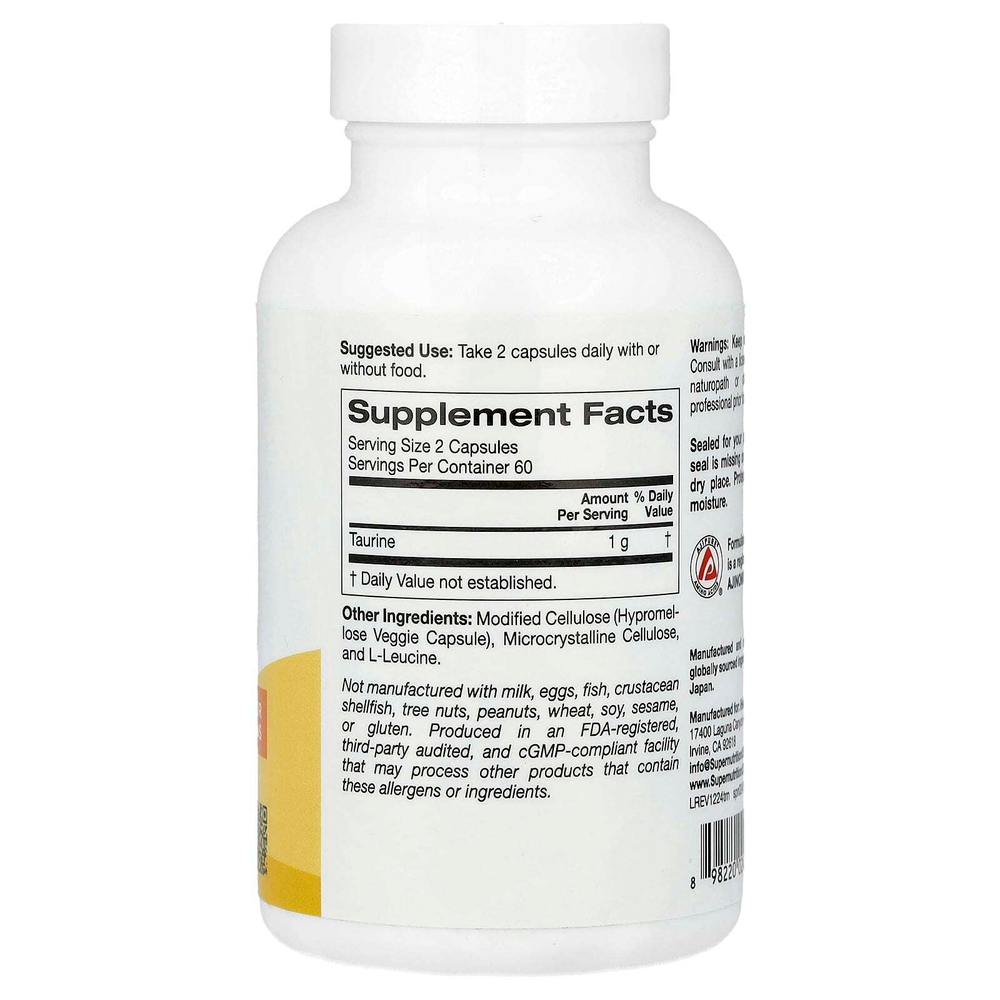 Super Nutrition, таурин, 120 растительных капсул (500 мг в 1 капсуле)