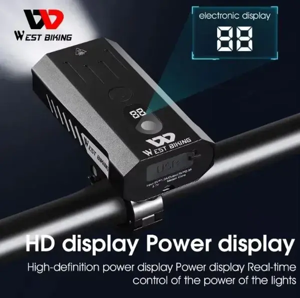 Фонарь велосипедный, передний West Biking YP0701315 (аккум. 4000 mAh, USB)