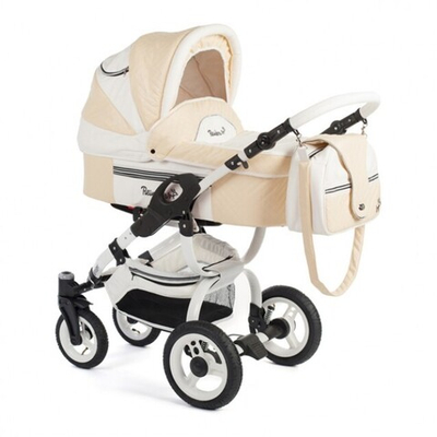Детская коляска-люлька Reindeer City Lily люлька+автокресло, эко-кожа (Белый-бежевый)