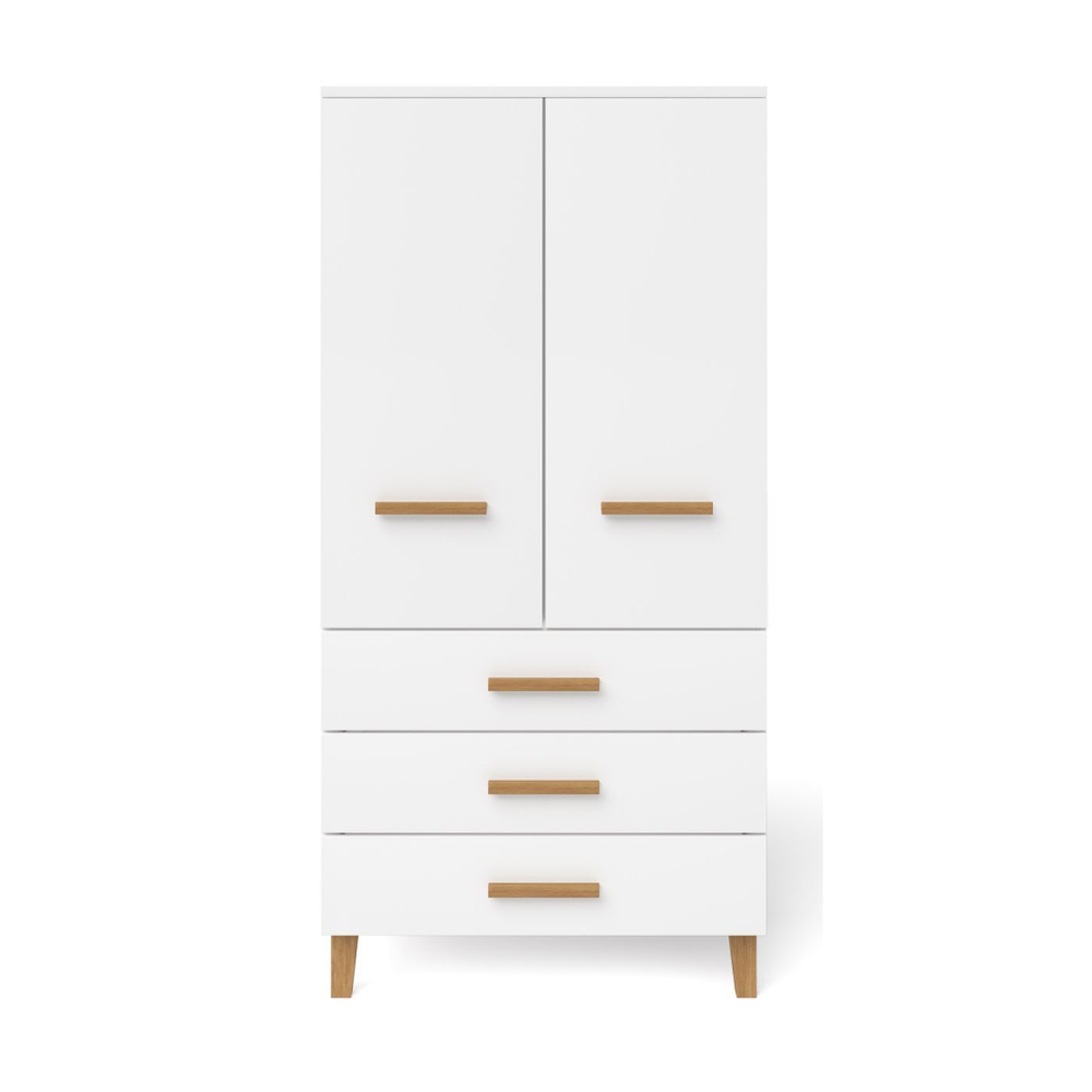 Шкаф для одежды Чек распашной белый в детскую комнату с дубовыми ручками и ножками, двухдверный