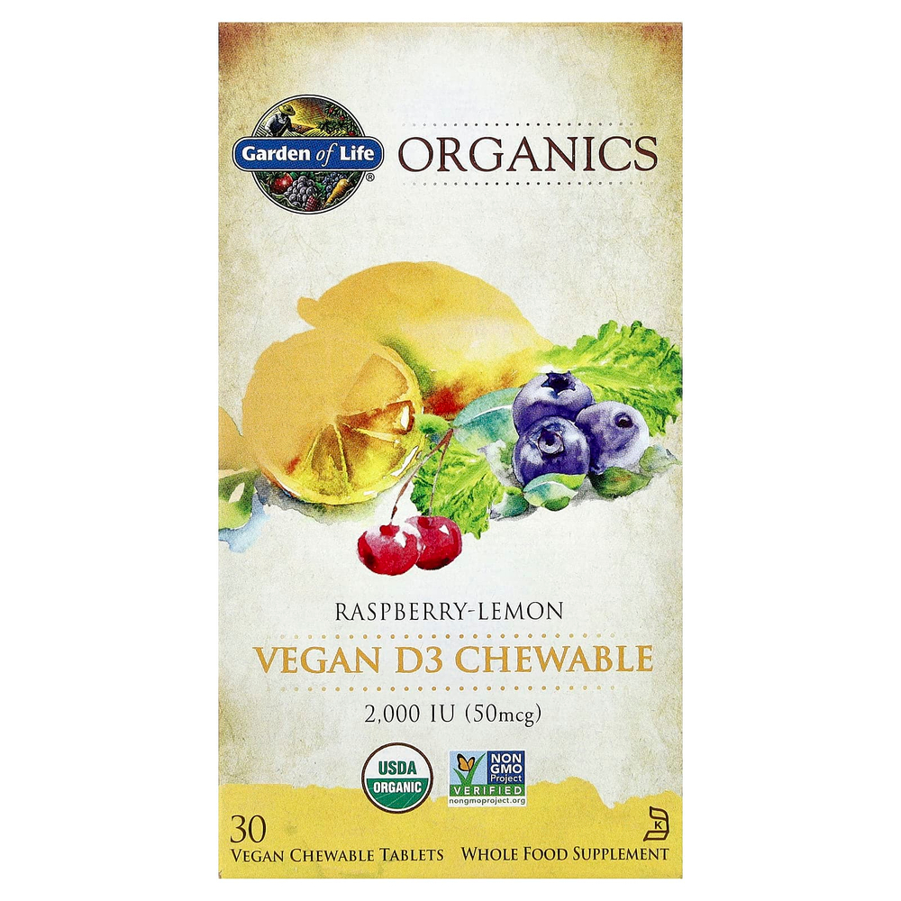 Garden of Life, Organics, веганский жевательный витамин D3, малина и лимон, 30 веганских жевательных таблеток