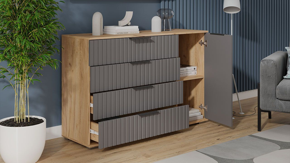 Комод для одежды с ящиками и полками Дуб Крафт золотой/Графит матовый 4 ящика 129х41х84 см