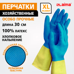 Перчатки МНОГОРАЗОВЫЕ латексные LAIMA "БИКОЛОР", сине-желтые, ОСОБО ПРОЧНЫЕ, хлопковое напыление, размер XL (оч. большой), вес 64 г