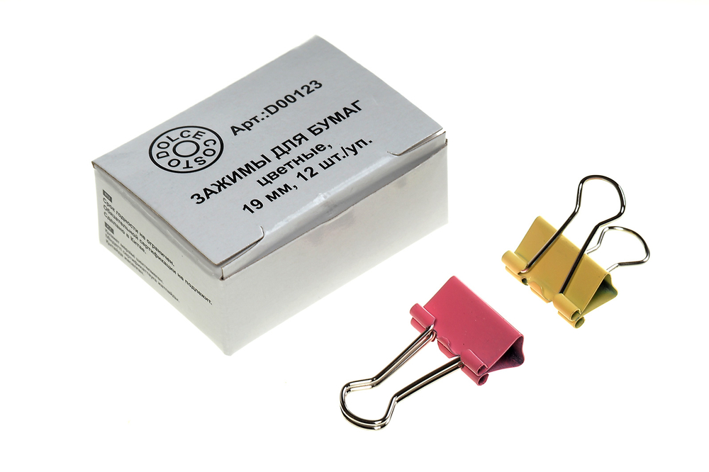 Зажим для бумаг металлический 19мм цветной 12шт/уп DOLCE COSTO цена за 1шт.