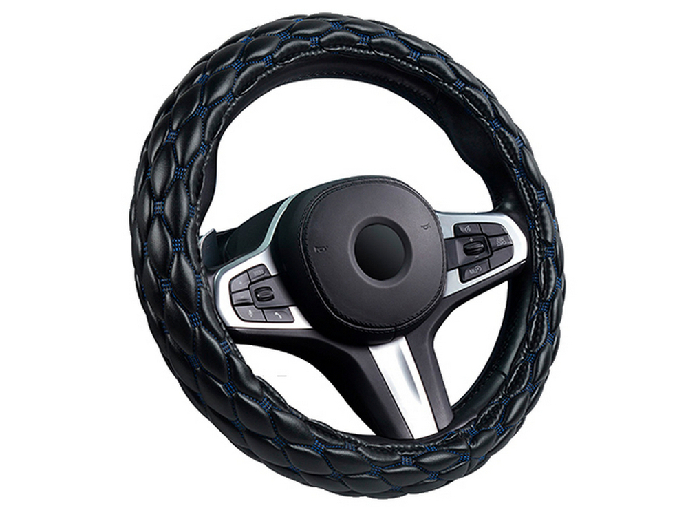 Оплетка на руль круглая CarFashion -XL- «SHUTTLE» 31696 - Экокожа - черный/синий