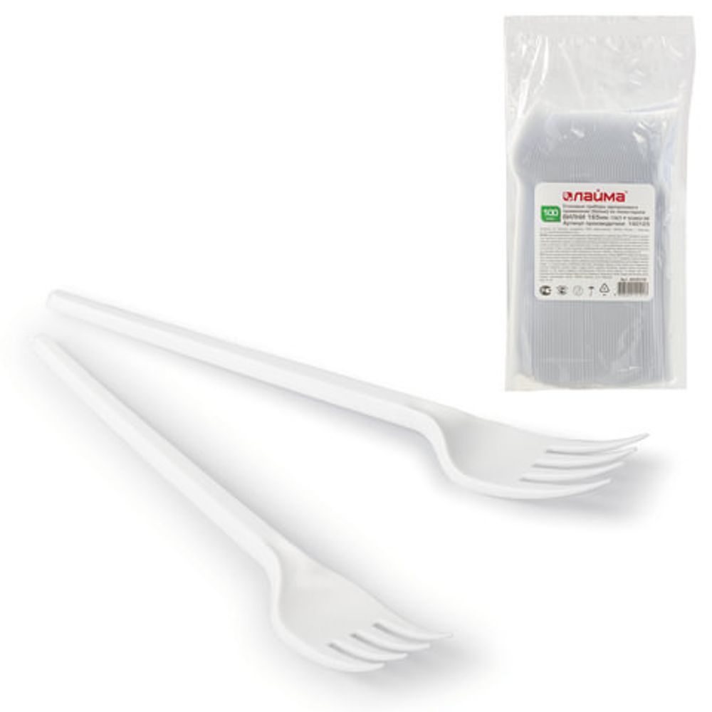 Одноразовые вилки 165 мм, КОМПЛЕКТ 100 шт., "СТАНДАРТ", пластиковые, белые, LAIMA, 603078