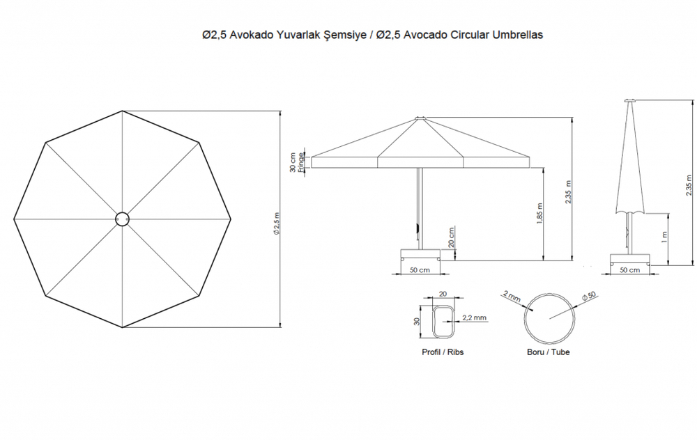 Зонт профессиональный  Ø2.5 м Theumbrela Semsiye Evi Avocado, бежевый