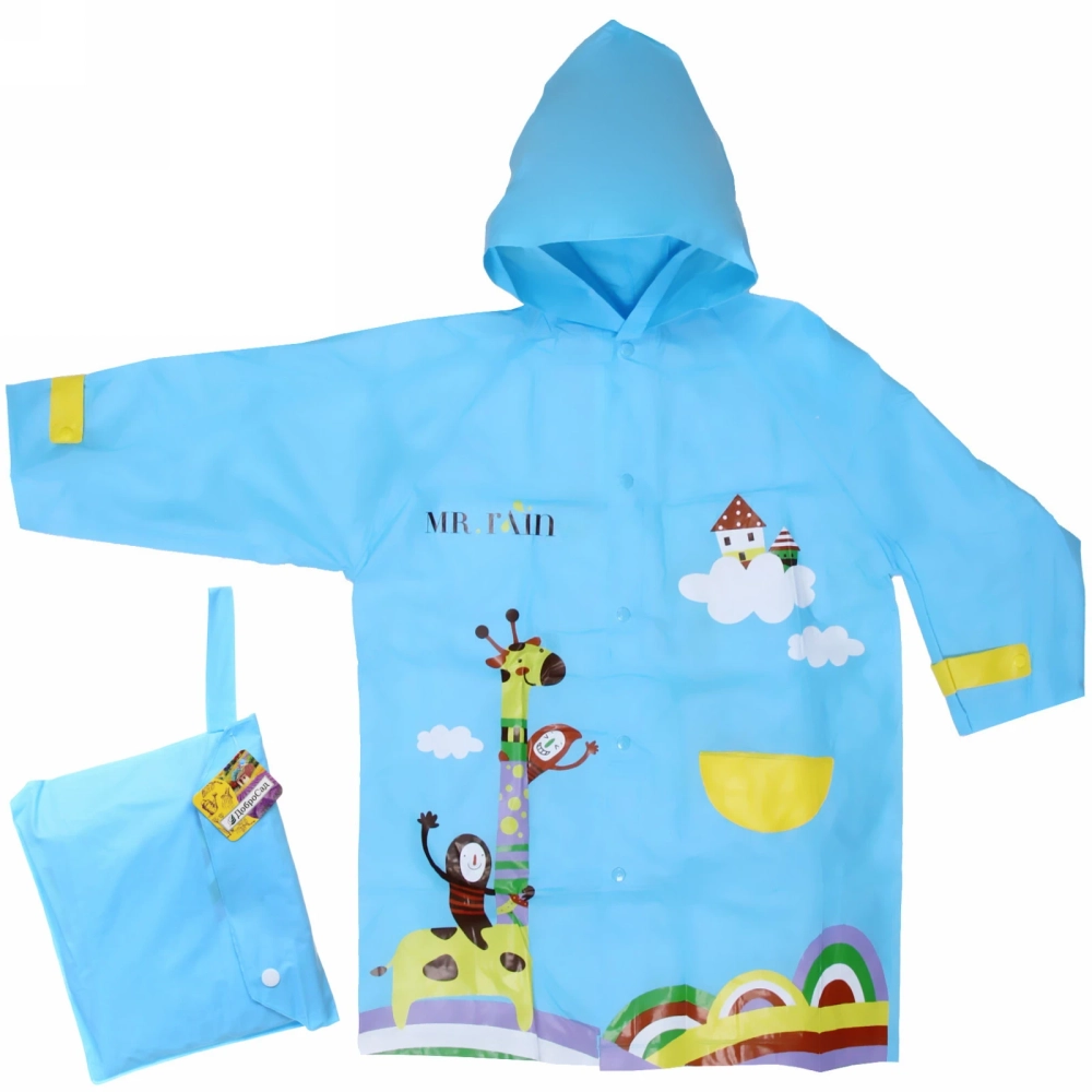 Дождевик-плащ детский «Веселые приключения-Жирафик» с капюшоном,регулир.манжет, цвет голубой, размер L(78*52см) ДоброСад