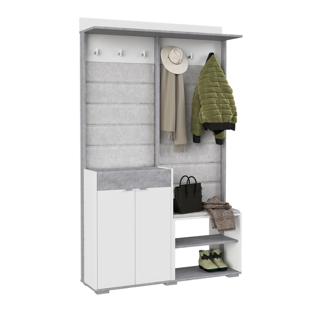 Прихожая с вешалкой и полками Белое сияние/Цемент светлый Акцент №2 120х32х196 см
