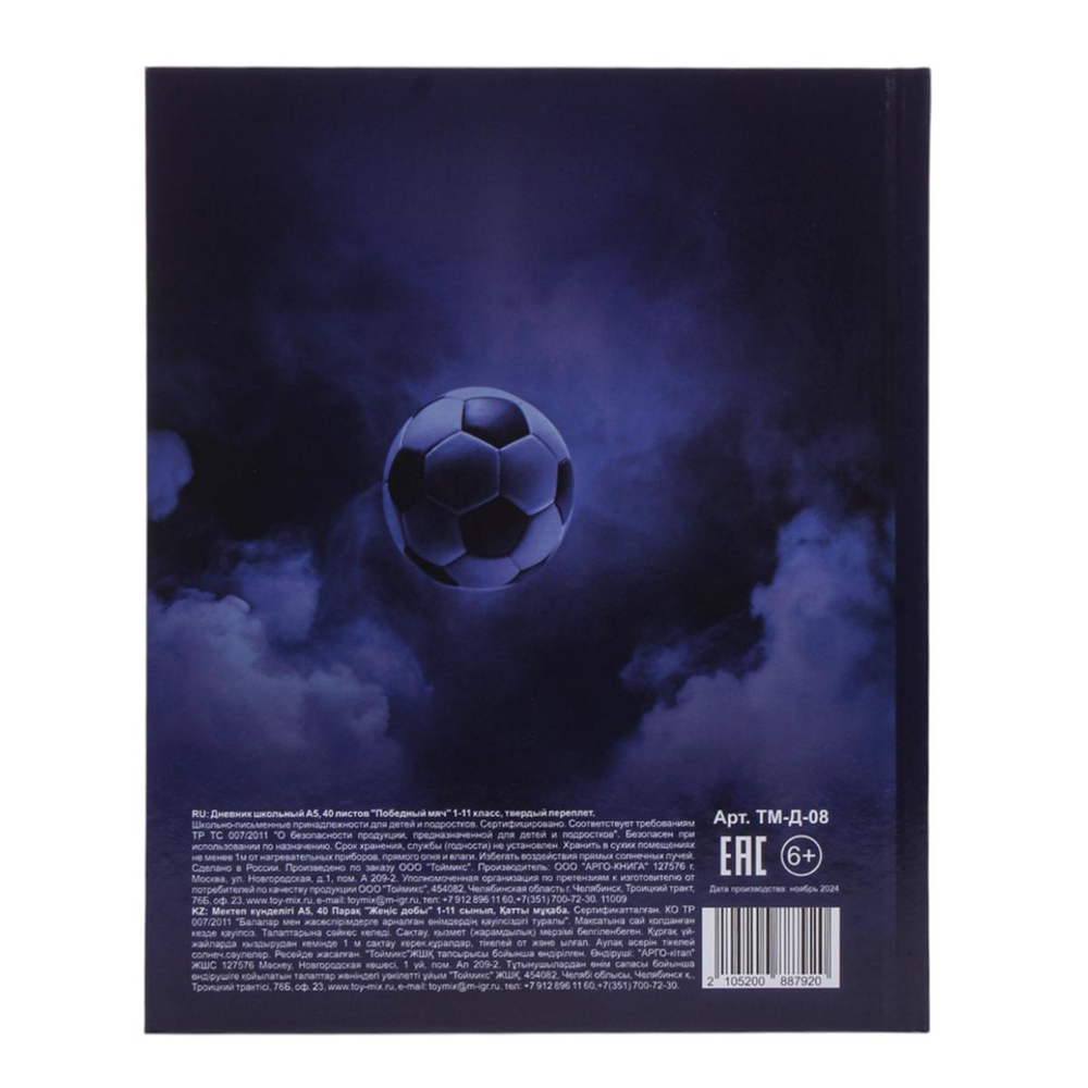 Дневник школьный А5, 40 листов "Победный мяч" 1-11 класс, твердый переплет