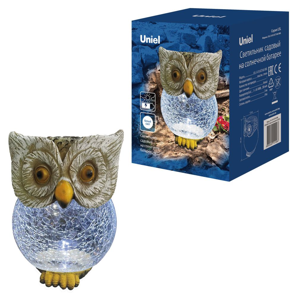 USL-S-813-GT160 OWL Садовый светильник на солнечной батарее Сова. 1 светодиод. Белый свет. 1xАА Ni-Mh аккумулятор в-к. IP44. TM Uniel