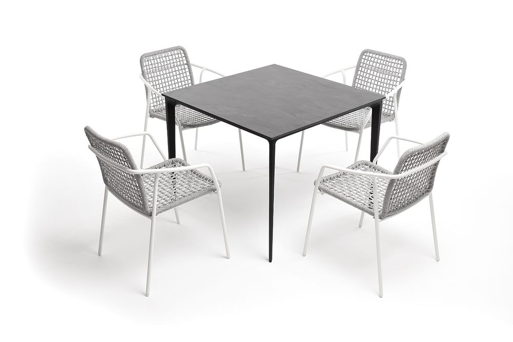 "Малага" обеденная группа на 4 персоны со стульями "Тунис", каркас белый, роуп светло-серый