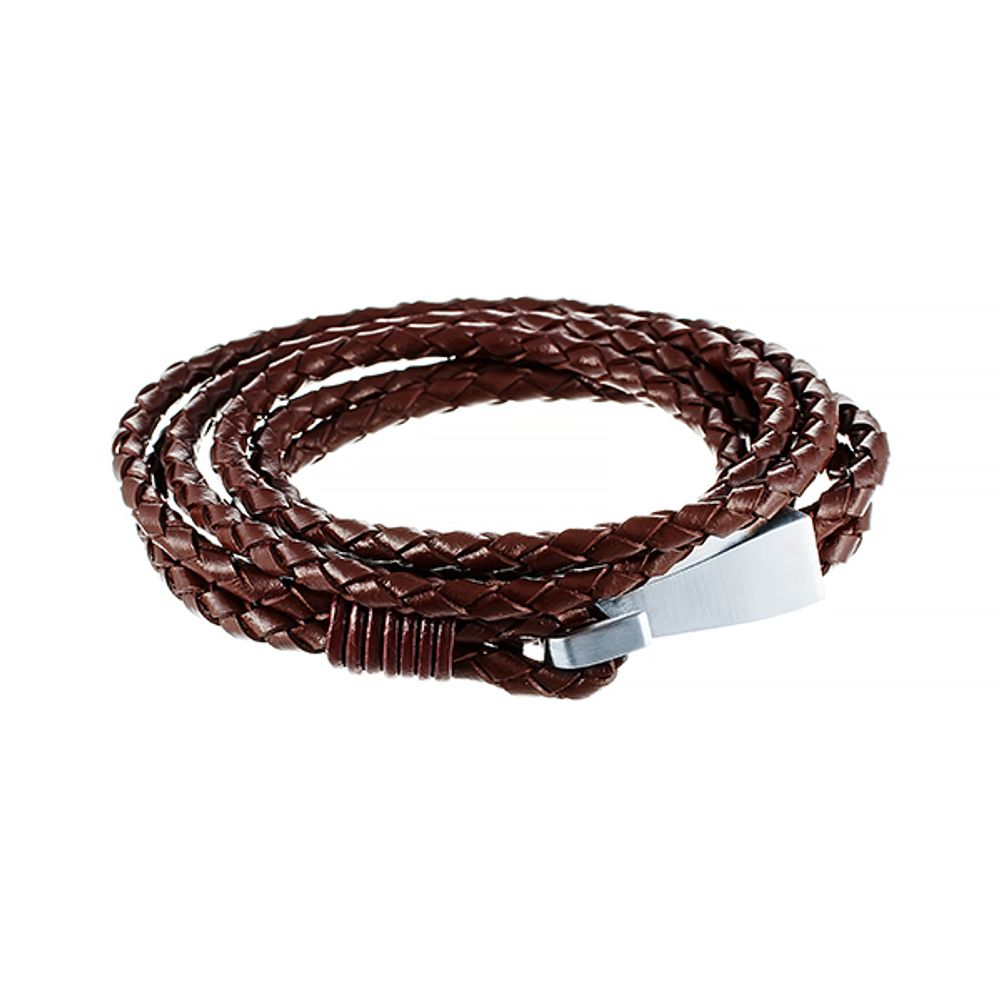 Стильный модный кожаный коричневый браслет намотка 6в1 из плетёной кожи JV 230-0091 в подарочной упаковке