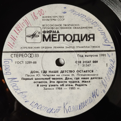 Винтажная виниловая пластинка LP Юрий Чичков, Михаил Пляцковский Дом, Где Наше Детство Остаётся (СССР 1991)