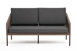 "Канны" диван 2-местный плетеный из роупа, каркас алюминий коричневый (RAL8016) муар, роуп коричневый круглый, ткань темно-серая 027