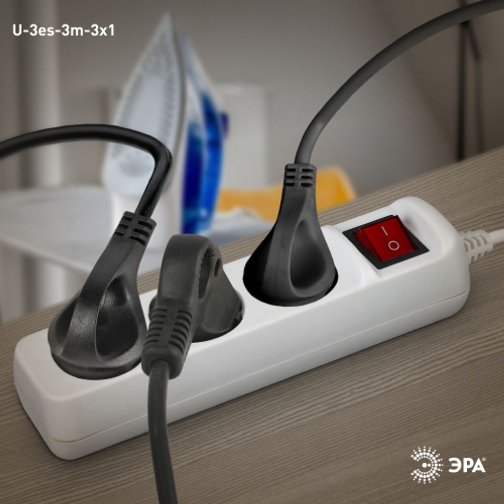 Удлинитель электрический ЭРА U-3es-3m-3x1 с заземлением с выключателем 3 розетки 3м ПВС 3x1мм2 16А | Бытовые удлинители