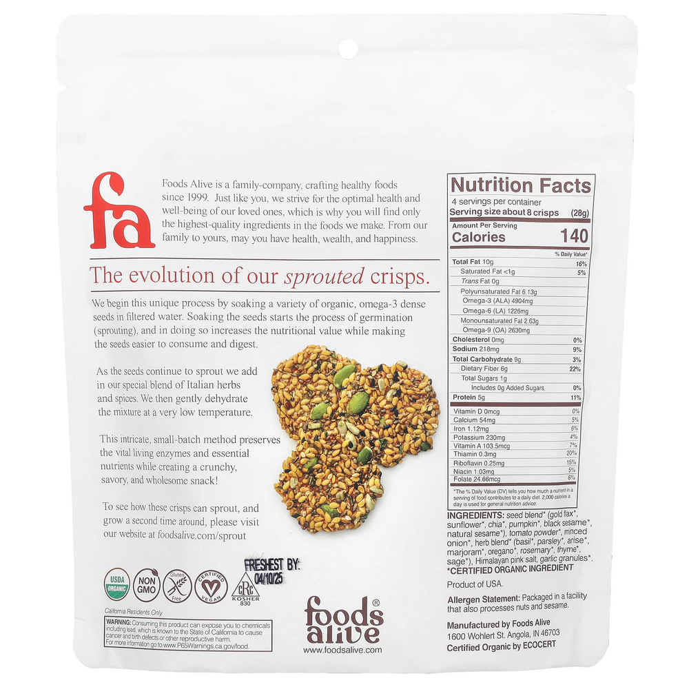 Foods Alive, Хрустящие чипсы, томаты и травы, 113 г (4 унции)