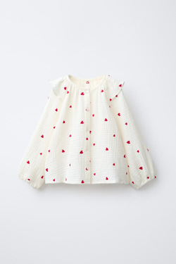 ZARA РУБАШКА С ТЕКСТУРОЙ И ВЫШИВКОЙ «СЕРДЕЧКИ», ЭКРЮ