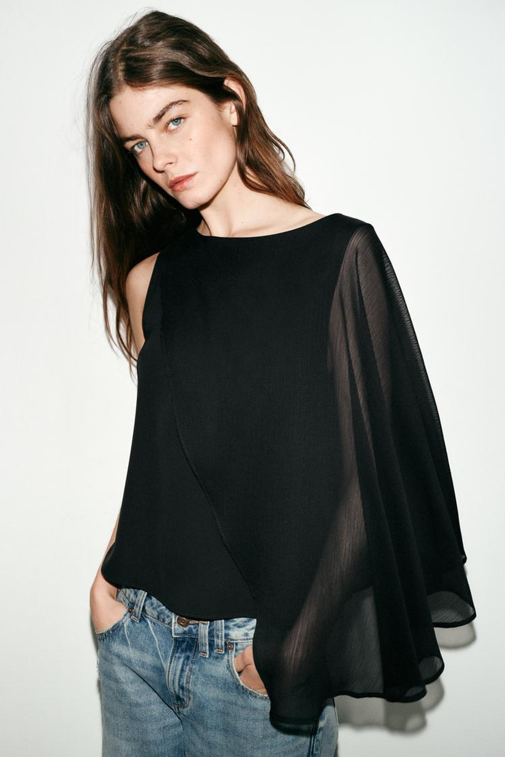 ZARA БЛУЗА С КОМБИНИРОВАННОЙ НАКИДКОЙ, ЧЕРНЫЙ