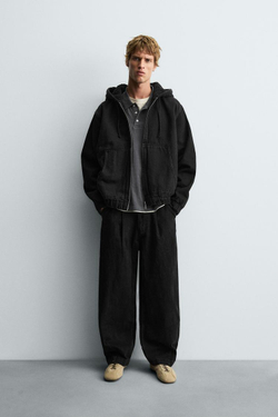 ZARA ДЖИНСОВАЯ КУРТКА С КАПЮШОНОМ И ОТДЕЛКОЙ ИЗ ИСКУССТВЕННОЙ ОВЧИНЫ, УГОЛЬНЫЙ