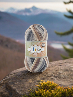 Белла батик (Bella вatik) пряжа Alize 100%хлопок 5х100г/360м (5742 экрю-беж-кофе-серый)