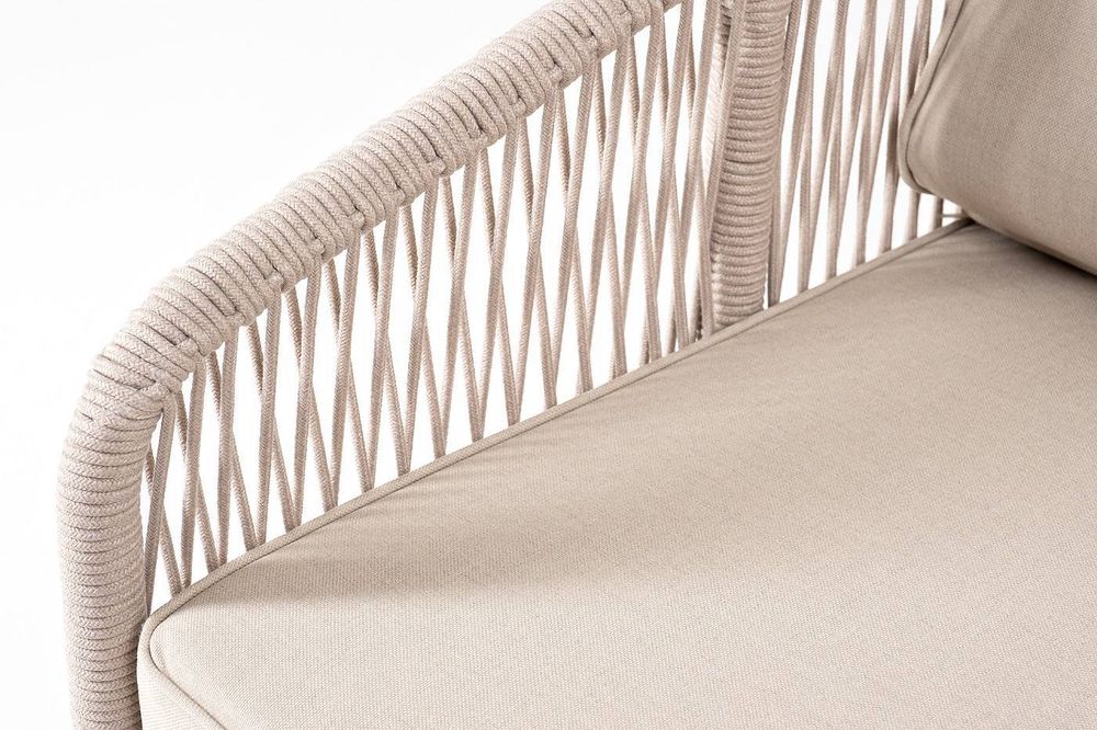 "Канны" правый модуль плетеный из роупа, основание дуб, роуп бежевый круглый, ткань бежевая 052