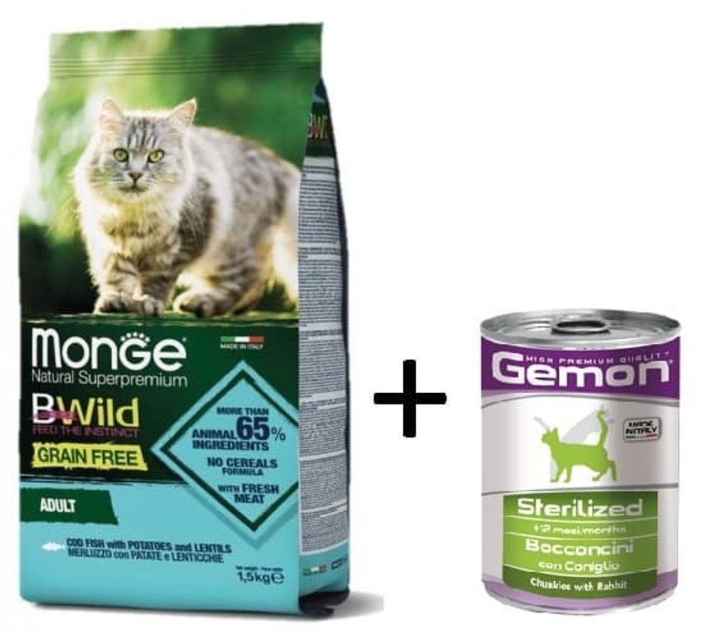 Monge 1,5кг BWild Cat GRAIN FREE беззерновой корм из трески, картофеля и чечевицы для взрослых кошек
