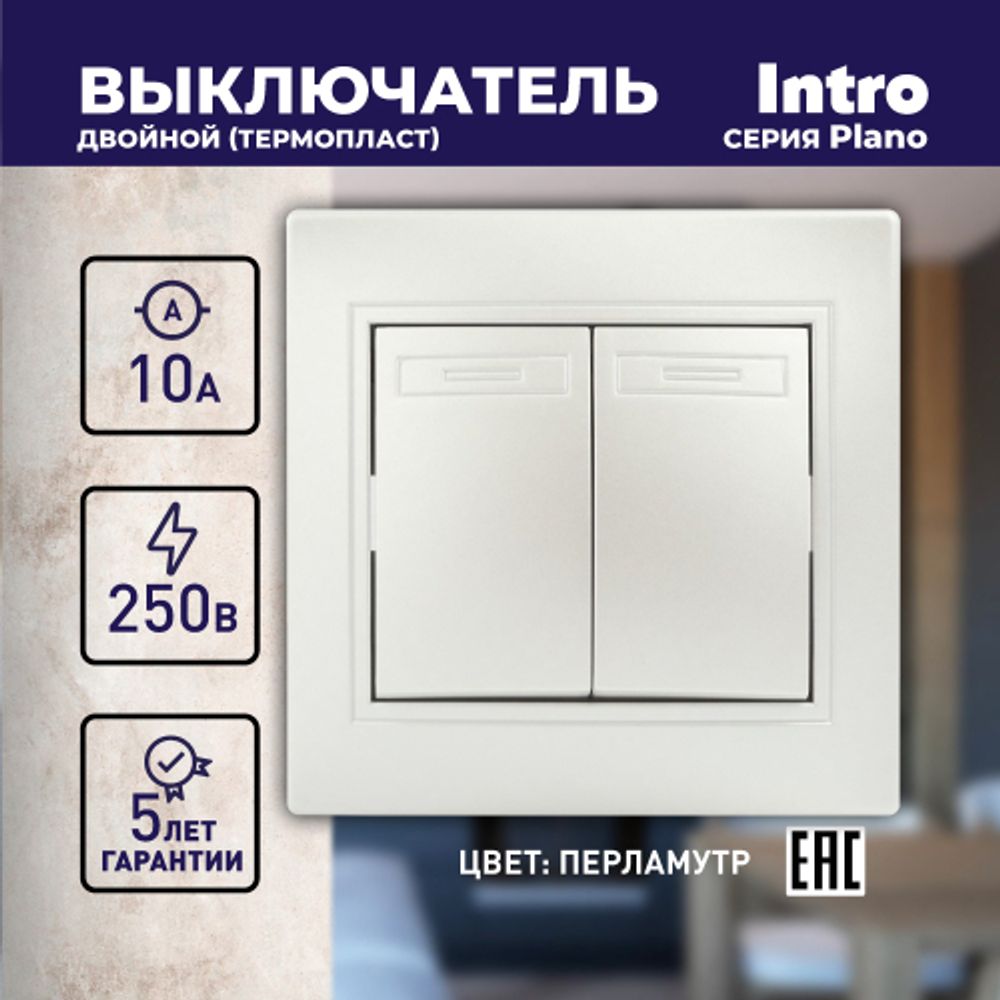 Выключатель Intro Plano 1-104-06 двухклавишный, 10А-250В, IP20, СУ, перламутр