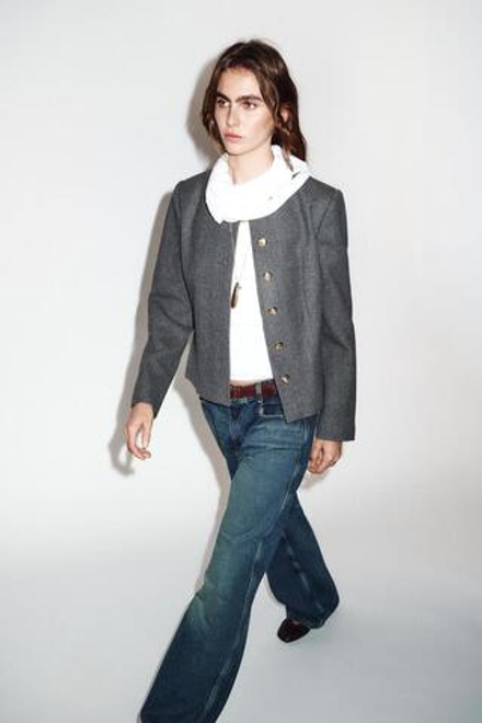 ZARA БЛЕЙЗЕР ОБЛЕГАЮЩЕГО КРОЯ С КРУГЛЫМ ВЫРЕЗОМ, СЕРЫЙ