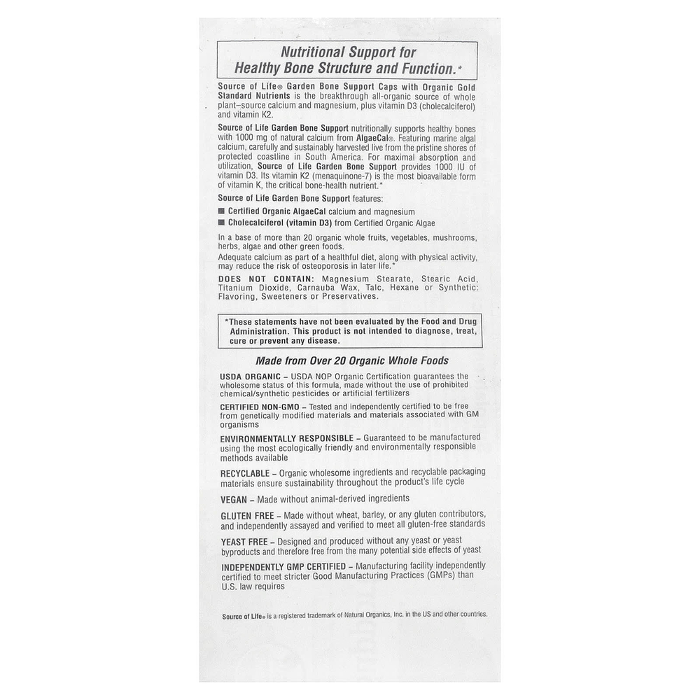 NaturesPlus, Source of Life® Garden, добавка для поддержки костей, 120 веганских капсул