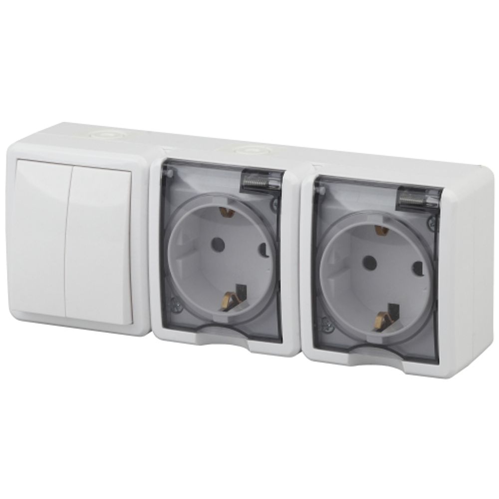 Блок две розетки + выключатель ЭРА Эксперт 11-7404-01 двойной IP54 16A-10AX-250В ОУ белый | Эра Эксперт