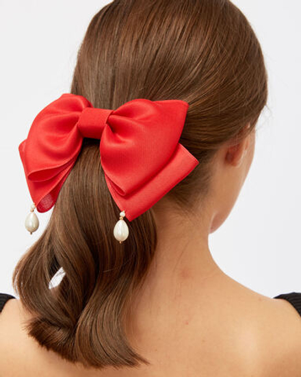 Бант "Балерина" из натурального красного шёлка с декором из жемчуга