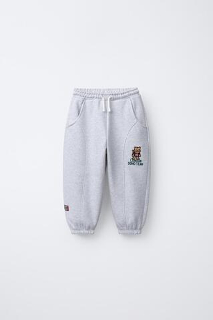 ZARA БРЮКИ-ДЖОГГЕРЫ С ВЫШИВКОЙ, СЕРЫЙ МЕЛАНЖ