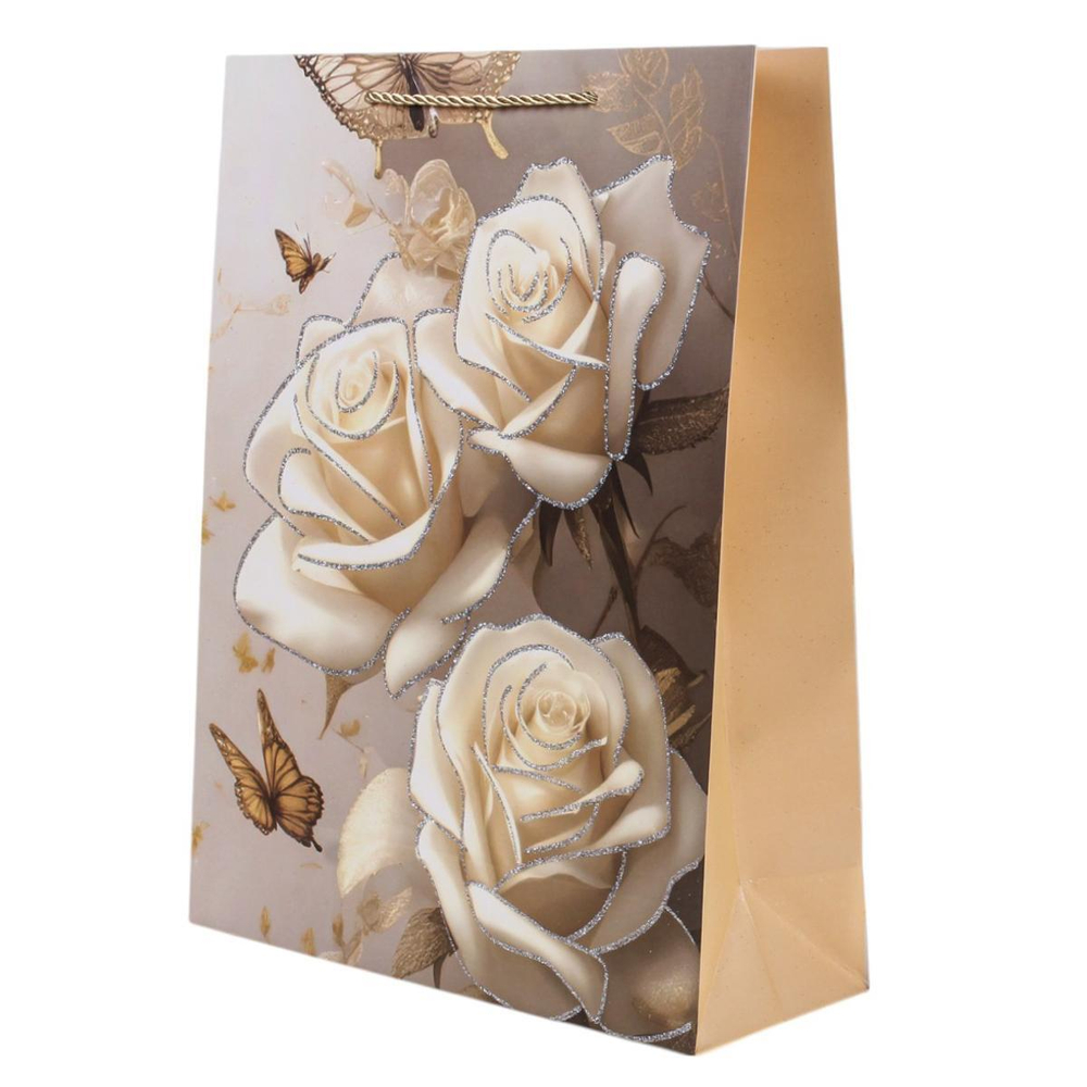 Пакет подарочный "Цветы" 30*39*11см,глитт,3Dэл,ручки-шнурок,4 цв.