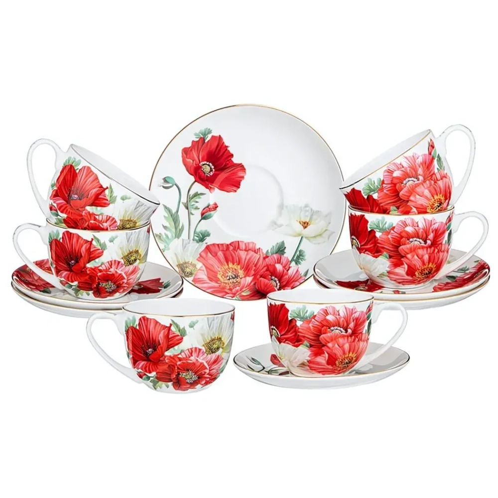 Чайный набор 12 предметов «Маки» (6 кружек 330мл+6 блюдец 15см)
