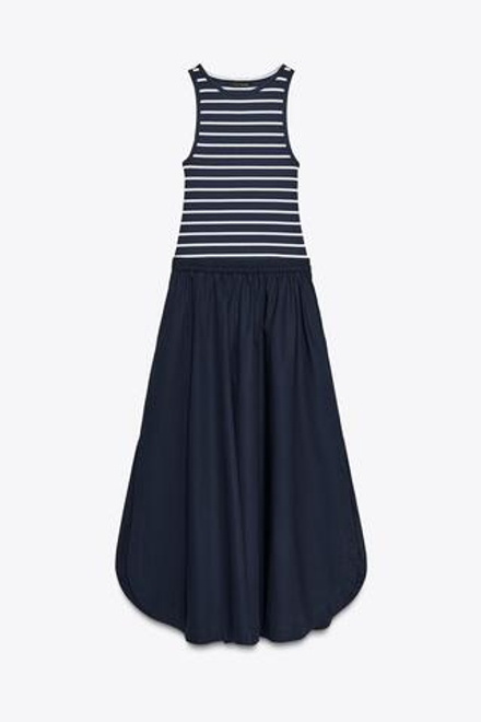 ZARA КОМБИНИРОВАННОЕ ПЛАТЬЕ-МИДИ ИЗ ПОПЛИНА, ТЕМНО-СИНИЙ/ЭКРЮ