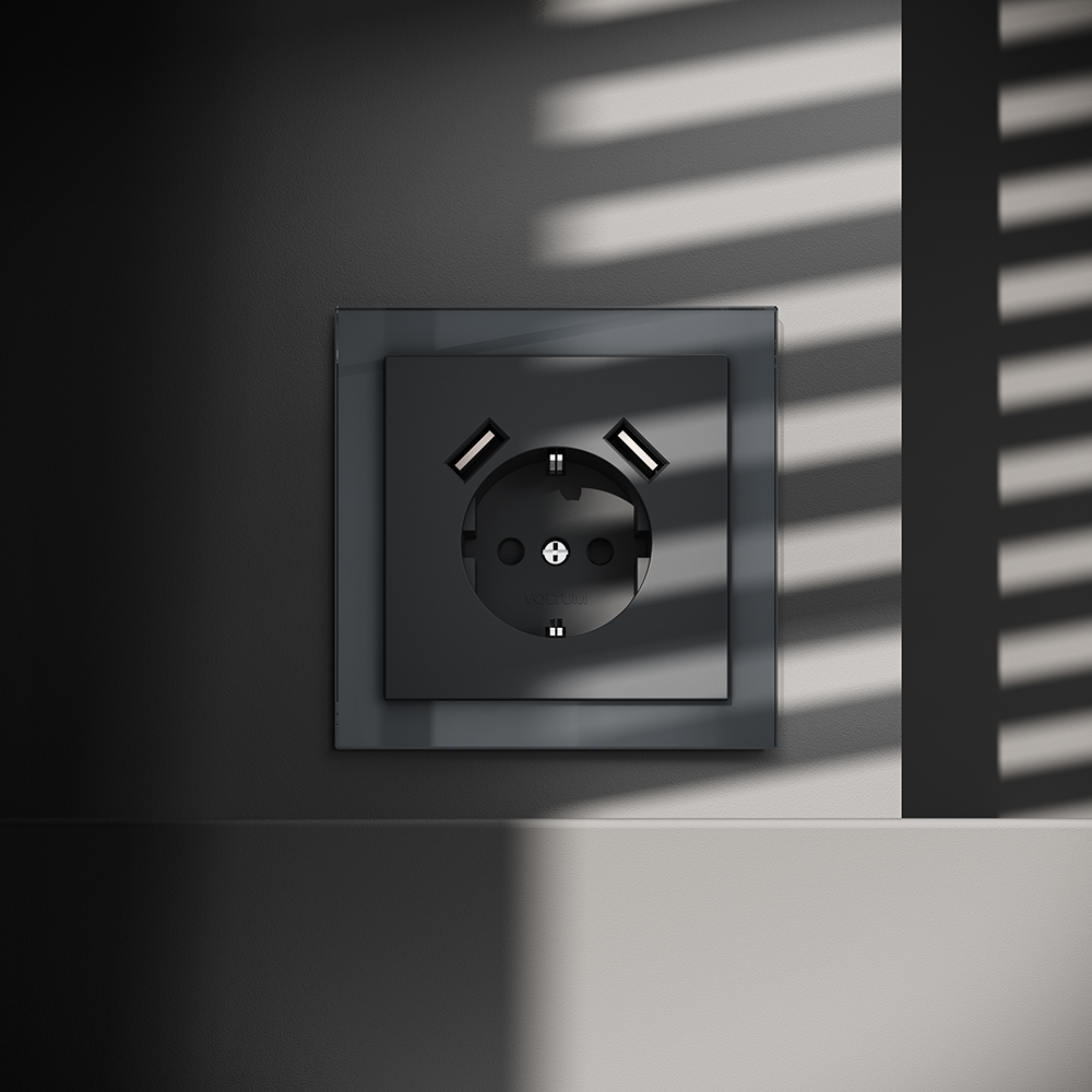 Розетка встраиваемая VOLTUM S70 с заземлением и защитными шторками, 16А, с USB, A+A, (графит)