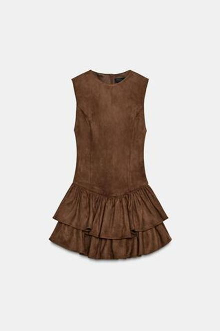 ZARA КОРОТКОЕ ПЛАТЬЕ ИЗ ИСКУССТВЕННОЙ ЗАМШИ С ВОЛАНАМИ, ТЕМНО-КОРИЧНЕВЫЙ