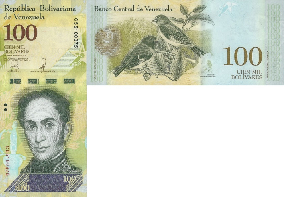 Венесуэла 100000 боливар 2017 Красные птицы-чижи с черными капюшонами UNC