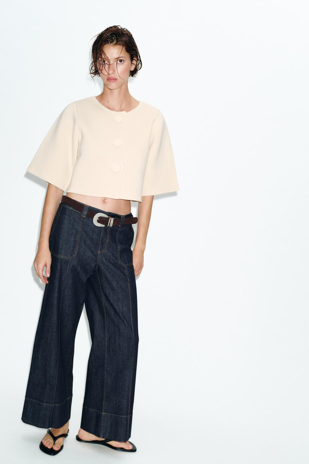 ZARA УКОРОЧЕННЫЙ ВЯЗАНЫЙ КАРДИГАН, ЭКРЮ