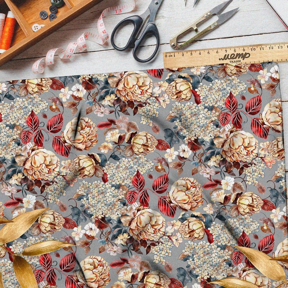 Ткань блэкаут цветы золотистые с красноватым