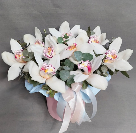 Композиция с 9 белыми орхидеями и эвкалиптом