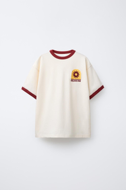 ZARA ФУТБОЛКА С КОНТРАСТНОЙ ВЫШИВКОЙ, ЭКРЮ